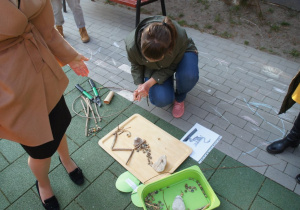 Układanie szkieletu ryby za pomocą kamieni, patyków i muszelek.